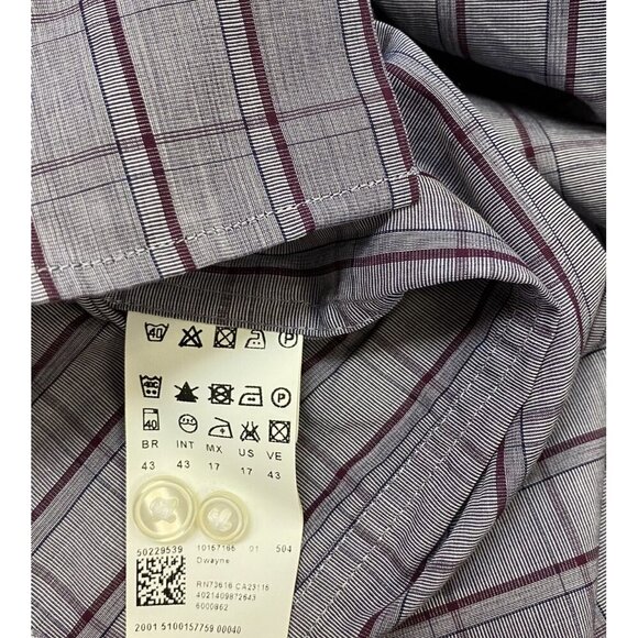 Hugo Boss mens Shirt 17 43 Slim Fit Burgundy Gray Plaid Check Button Down Cotton - Picture 4 of 5
